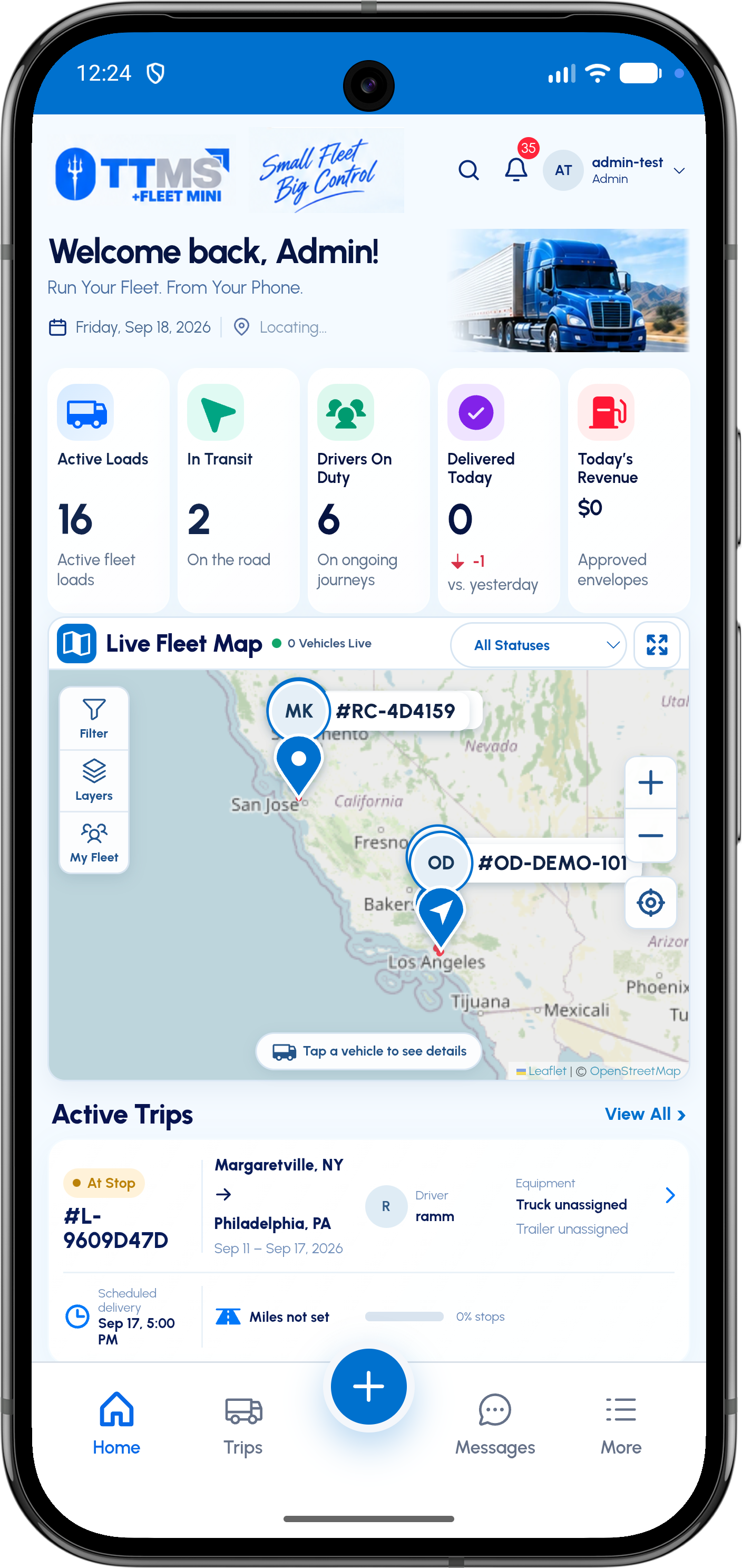 TTMS Fleet Mini admin dashboard showing active loads, driver status, live fleet map and active trips