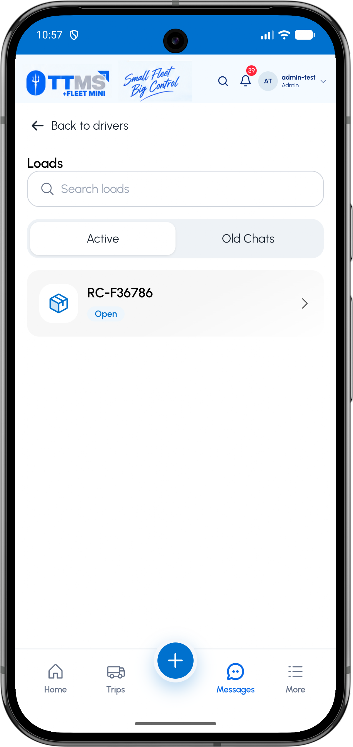 Fleet Mini messaging screen listing an active load chat with tabs for Active and Old Chats